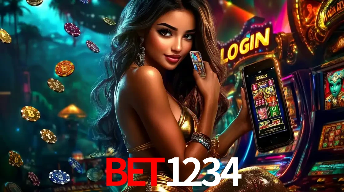 Mulher em um cenário de cassino temático de aventura, mostrando o app de caça-níqueis da bet1234 no celular. Fichas de apostas flutuam ao redor.