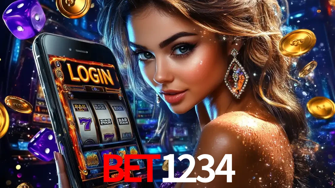 Mulher glamorosa segurando um smartphone com a tela de login para os jogos de caça-níqueis do cassino online bet1234, com moedas de ouro e dados ao redor.