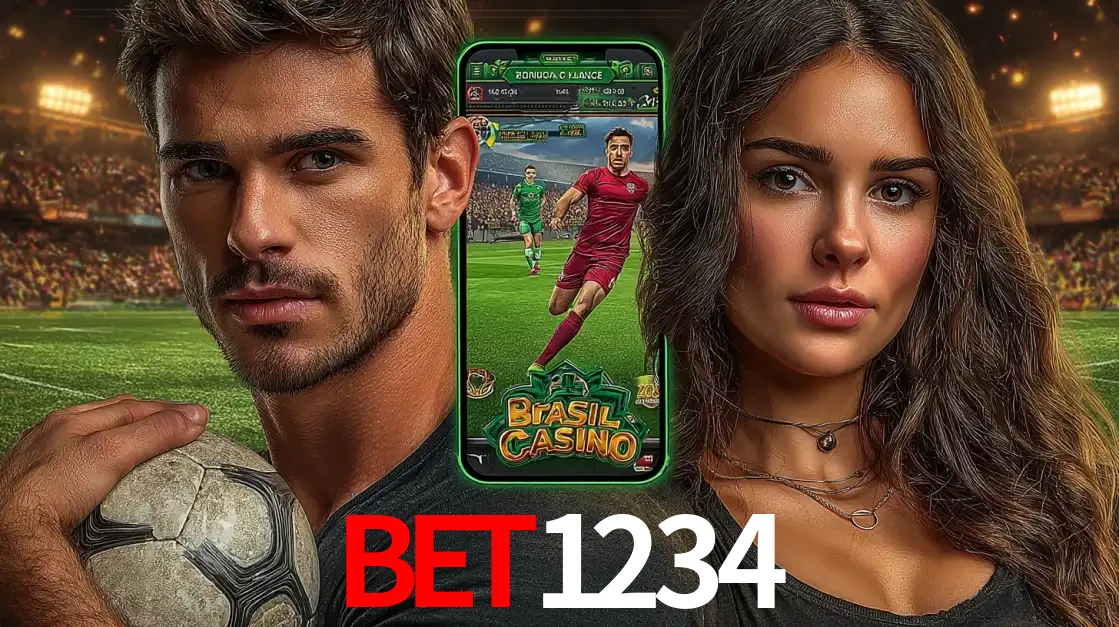 Homem segurando uma bola de futebol e uma mulher ao lado de um smartphone exibindo o jogo de apostas esportivas da bet1234. Faça seu palpite no cassino online.